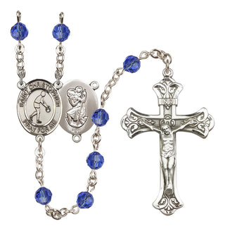 Sterling Silver 6mm Austrian Crystal Saint Christopher/Basketball Rosary in Sapphire
