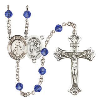 Sterling Silver 6mm Austrian Crystal Saint Sebastian/Basketball Rosary in Sapphire