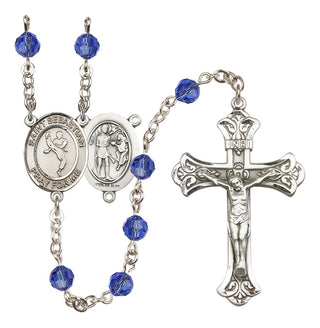 Sterling Silver 6mm Austrian Crystal Saint Sebastian/Martial Arts Rosary in Sapphire