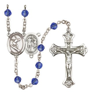 Sterling Silver 6mm Austrian Crystal Saint Sebastian/Surfing Rosary in Sapphire