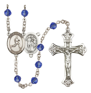 Sterling Silver 6mm Austrian Crystal Saint Sebastian/Track & Field Rosary in Sapphire