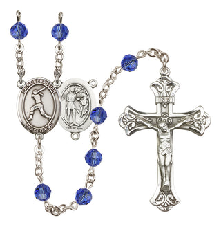 Sterling Silver 6mm Austrian Crystal Saint Sebastian / Softball Rosary in Sapphire
