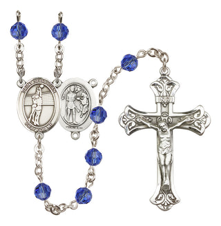 Sterling Silver 6mm Austrian Crystal Saint Sebastian / Volleyball Rosary in Sapphire