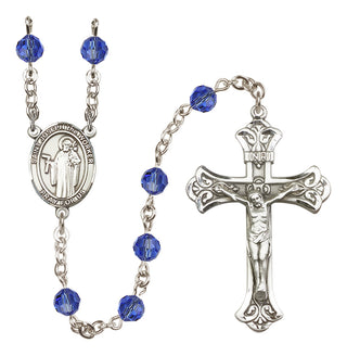 Sterling Silver 6mm Austrian Crystal Saint Joseph the Worker Rosary in Sapphire