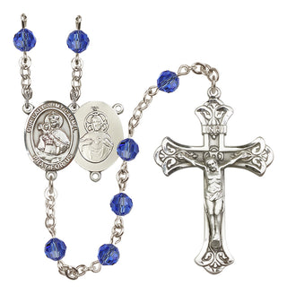 Sterling Silver 6mm Austrian Crystal Our Lady of Mount Carmel Rosary in Sapphire