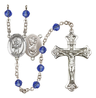 Sterling Silver 6mm Austrian Crystal Saint Christopher/Baseball Rosary in Sapphire