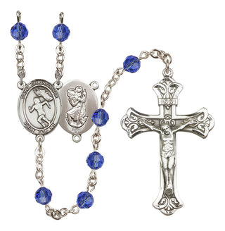 Sterling Silver 6mm Austrian Crystal Saint Christopher/Track&Field-Women Rosary in Sapphire