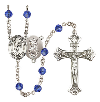 Sterling Silver 6mm Austrian Crystal Saint Christopher/Basketball-Women Rosary in Sapphire