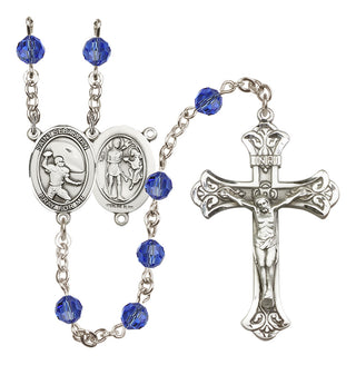 Sterling Silver 6mm Austrian Crystal Saint Sebastian / Football Rosary in Sapphire