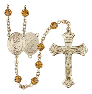 14 Karat Gold-Filled 6mm Austrian Crystal Saint Christopher / Air Force Rosary in Topaz