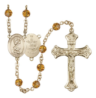 14 Karat Gold-Filled 6mm Austrian Crystal Saint Christopher / Army Rosary in Topaz
