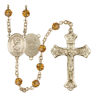 14 Karat Gold-Filled 6mm Austrian Crystal Saint Christopher / Coast Guard Rosary in Topaz