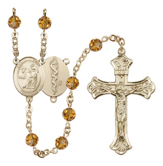 14 Karat Gold-Filled 6mm Austrian Crystal Saint Luke the Apostle / Doctor Rosary in Topaz