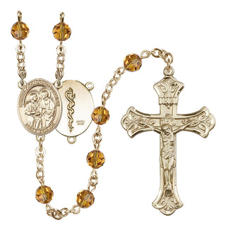14 Karat Gold-Filled 6mm Austrian Crystal Saints Cosmas & Damian / Doctors Rosary in Topaz