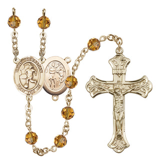 14 Karat Gold-Filled 6mm Austrian Crystal Saint Sebastian/Soccer-Women Rosary in Topaz