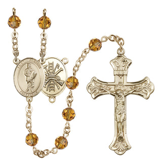 14 Karat Gold 6mm Austrian Crystal Saint Florian/Firefighter Rosary in Topaz