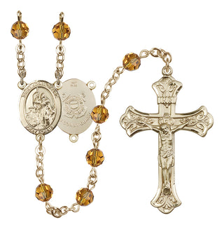 14 Karat Gold 6mm Austrian Crystal Saint Joan of Arc /Coast Guard Rosary in Topaz