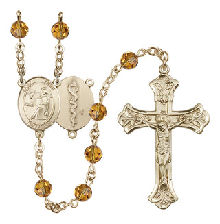 14 Karat Gold 6mm Austrian Crystal Saint Luke the Apostle / Doctor Rosary in Topaz