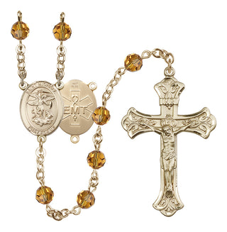 14 Karat Gold 6mm Austrian Crystal Saint Michael / EMT Rosary in Topaz