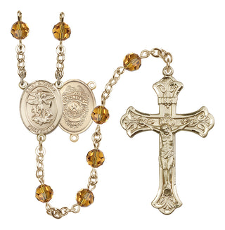 14 Karat Gold 6mm Austrian Crystal Saint Michael the Archangel/Policeman Rosary in Topaz