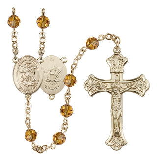 14 Karat Gold 6mm Austrian Crystal Saint Michael / Navy Rosary in Topaz