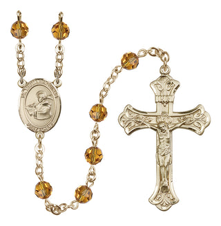 14 Karat Gold 6mm Austrian Crystal Saint Thomas Aquinas Rosary in Topaz