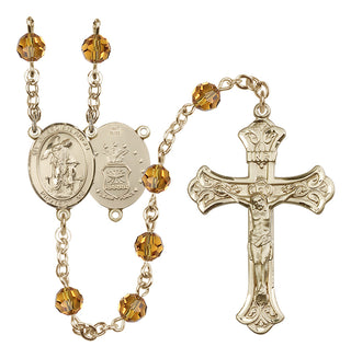 14 Karat Gold 6mm Austrian Crystal Guardian Angel / Air Force Rosary in Topaz