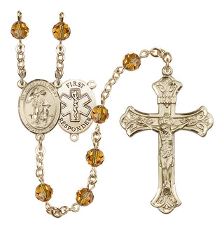 14 Karat Gold 6mm Austrian Crystal Guardian Angel/1st Responders Rosary in Topaz