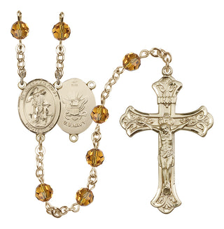 14 Karat Gold 6mm Austrian Crystal Guardian Angel / Navy Rosary in Topaz