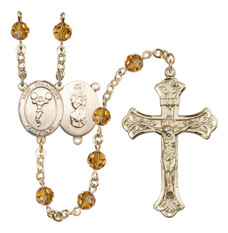 14 Karat Gold 6mm Austrian Crystal Saint Christopher/Cheerleading Rosary in Topaz