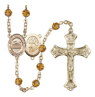 14 Karat Gold 6mm Austrian Crystal Saint Sebastian/Swimming Rosary in Topaz