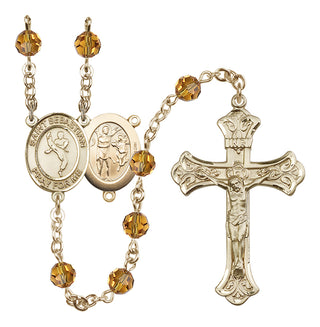 14 Karat Gold 6mm Austrian Crystal Saint Sebastian/Martial Arts Rosary in Topaz