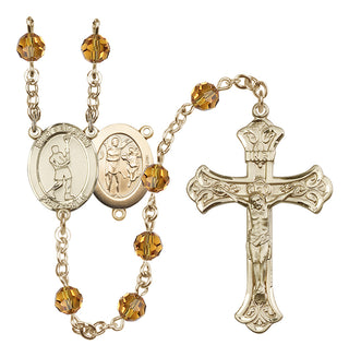 14 Karat Gold 6mm Austrian Crystal Saint Sebastian/Lacrosse Rosary in Topaz