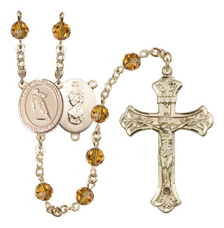 14 Karat Gold 6mm Austrian Crystal Saint Christopher / Rugby Rosary in Topaz