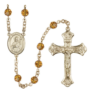 14 Karat Gold 6mm Austrian Crystal Saint Malachy O'More Rosary in Topaz