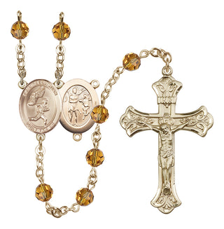 14 Karat Gold 6mm Austrian Crystal Saint Sebastian /Track&Field-Men Rosary in Topaz