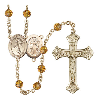 14 Karat Gold 6mm Austrian Crystal Saint Sebastian /Track&Field-Women Rosary in Topaz
