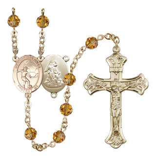 14 Karat Gold 6mm Austrian Crystal Guardian Angel/Soccer Rosary in Topaz