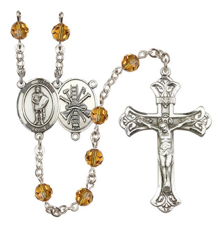 Sterling Silver 6mm Austrian Crystal Saint Florian/Firefighter Rosary in Topaz
