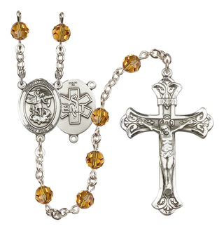 Sterling Silver 6mm Austrian Crystal Saint Michael / EMT Rosary in Topaz
