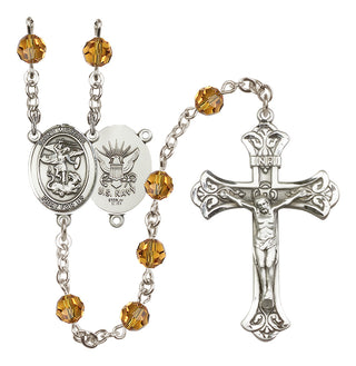 Sterling Silver 6mm Austrian Crystal Saint Michael / Navy Rosary in Topaz