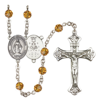 Sterling Silver 6mm Austrian Crystal Virgen Milagrosa Rosary in Topaz