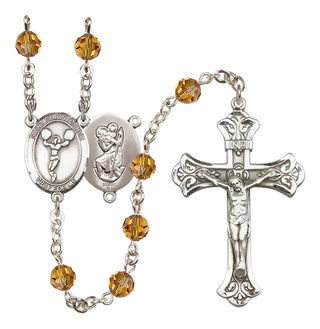 Sterling Silver 6mm Austrian Crystal Saint Christopher/Cheerleading Rosary in Topaz