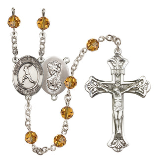 Sterling Silver 6mm Austrian Crystal Saint Christopher/Baseball Rosary in Topaz