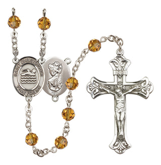 Sterling Silver 6mm Austrian Crystal Saint Christopher/Swimming Rosary in Topaz