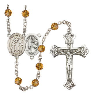 Sterling Silver 6mm Austrian Crystal Saint Sebastian/Wrestling Rosary in Topaz