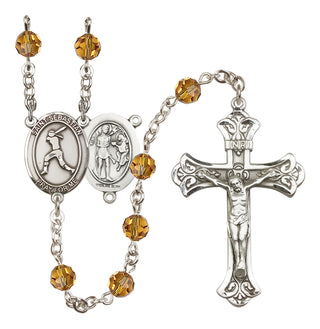 Sterling Silver 6mm Austrian Crystal Saint Sebastian / Softball Rosary in Topaz