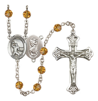 Sterling Silver 6mm Austrian Crystal Saint Christopher / Football Rosary in Topaz