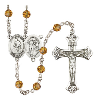 Sterling Silver 6mm Austrian Crystal Saint Sebastian/Wrestling Rosary in Topaz