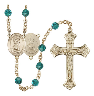 14 Karat Gold-Filled 6mm Austrian Crystal Saint Christopher / Air Force Rosary in Zircon